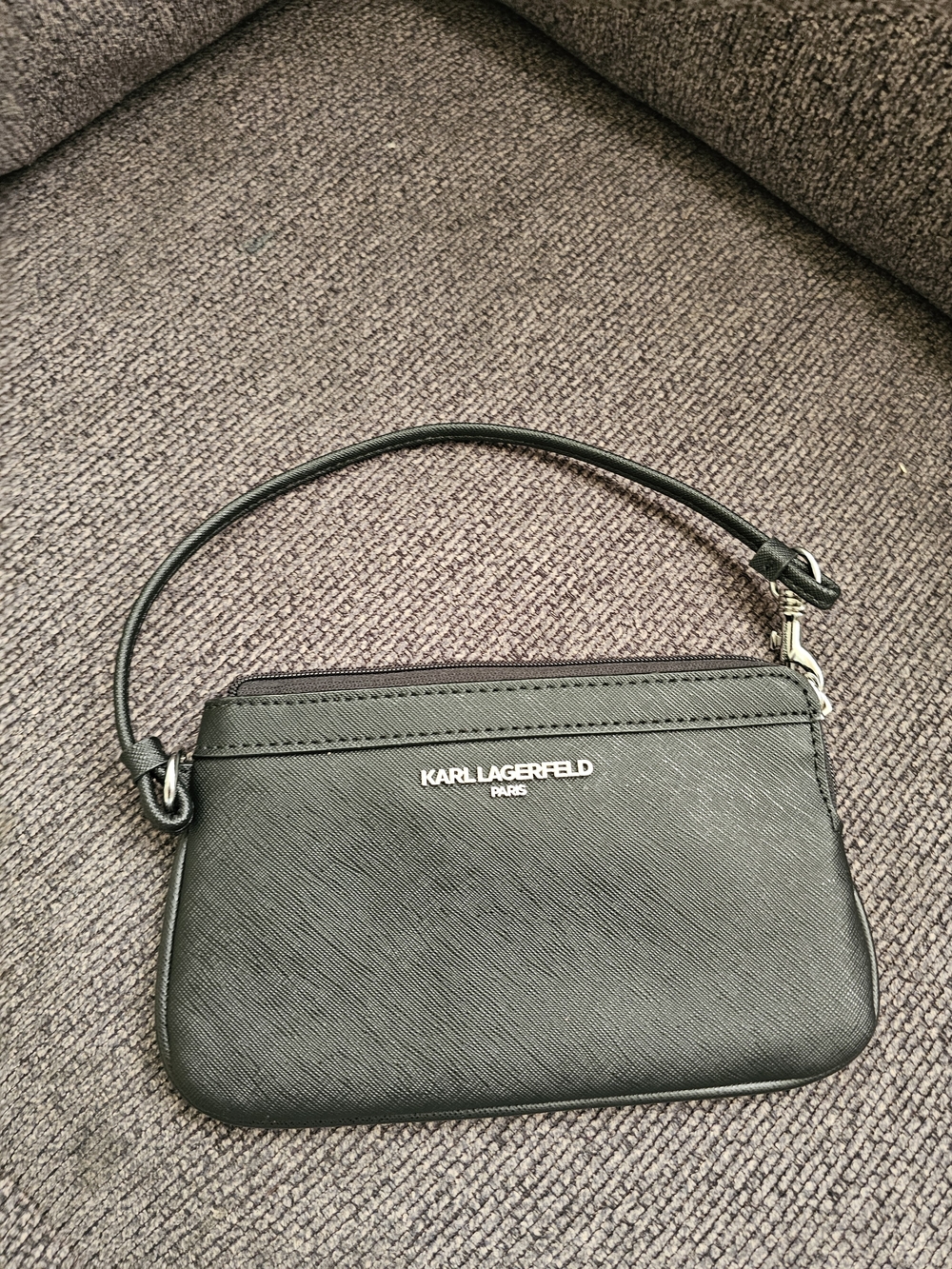 KARL LAGERFELD Black Leather Wristlet Pouch with Silver Logo
